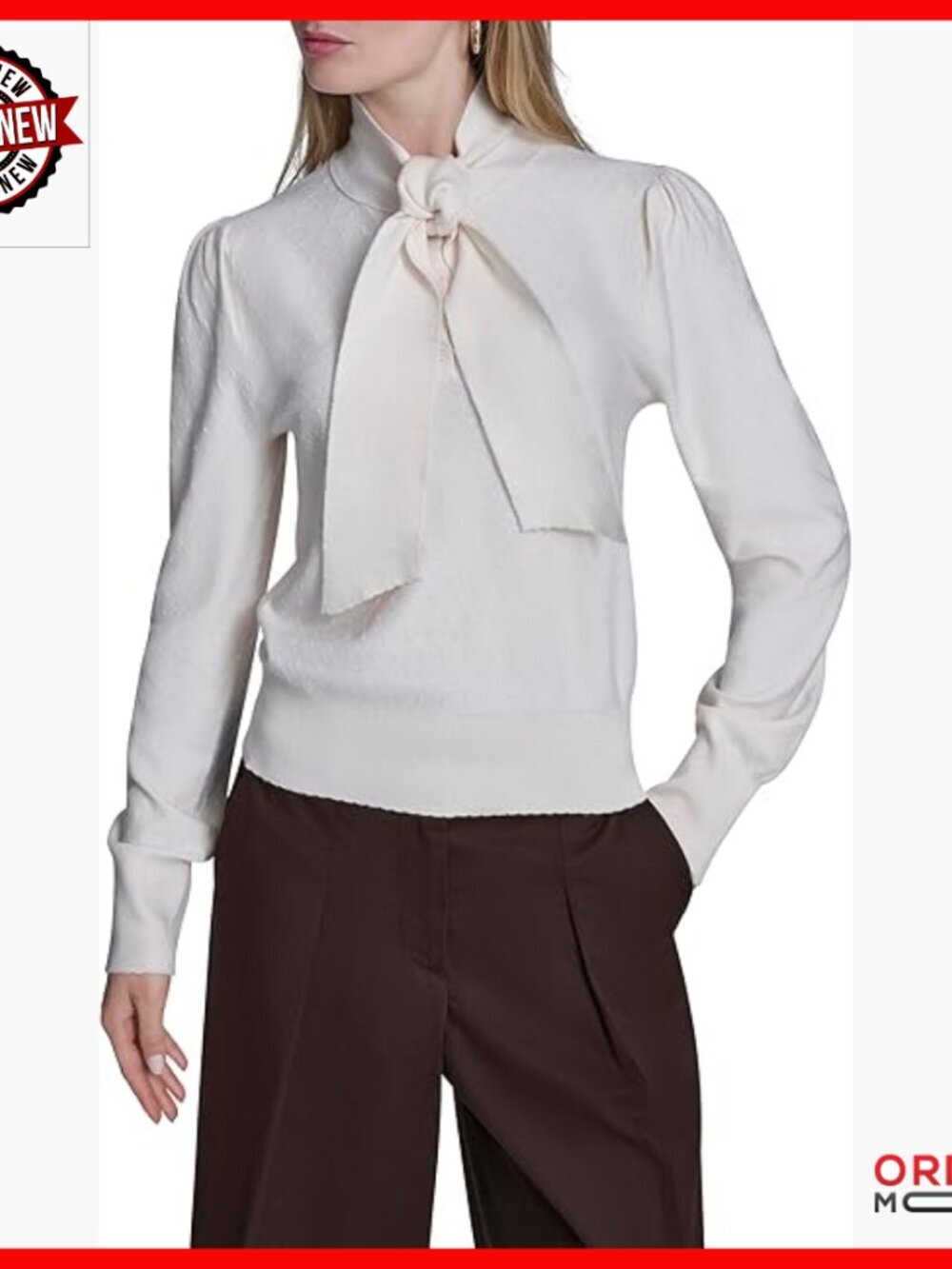 Elegant Tie Neck Sweater with Scalloped Cuffs, Long Sleeve Pullover
